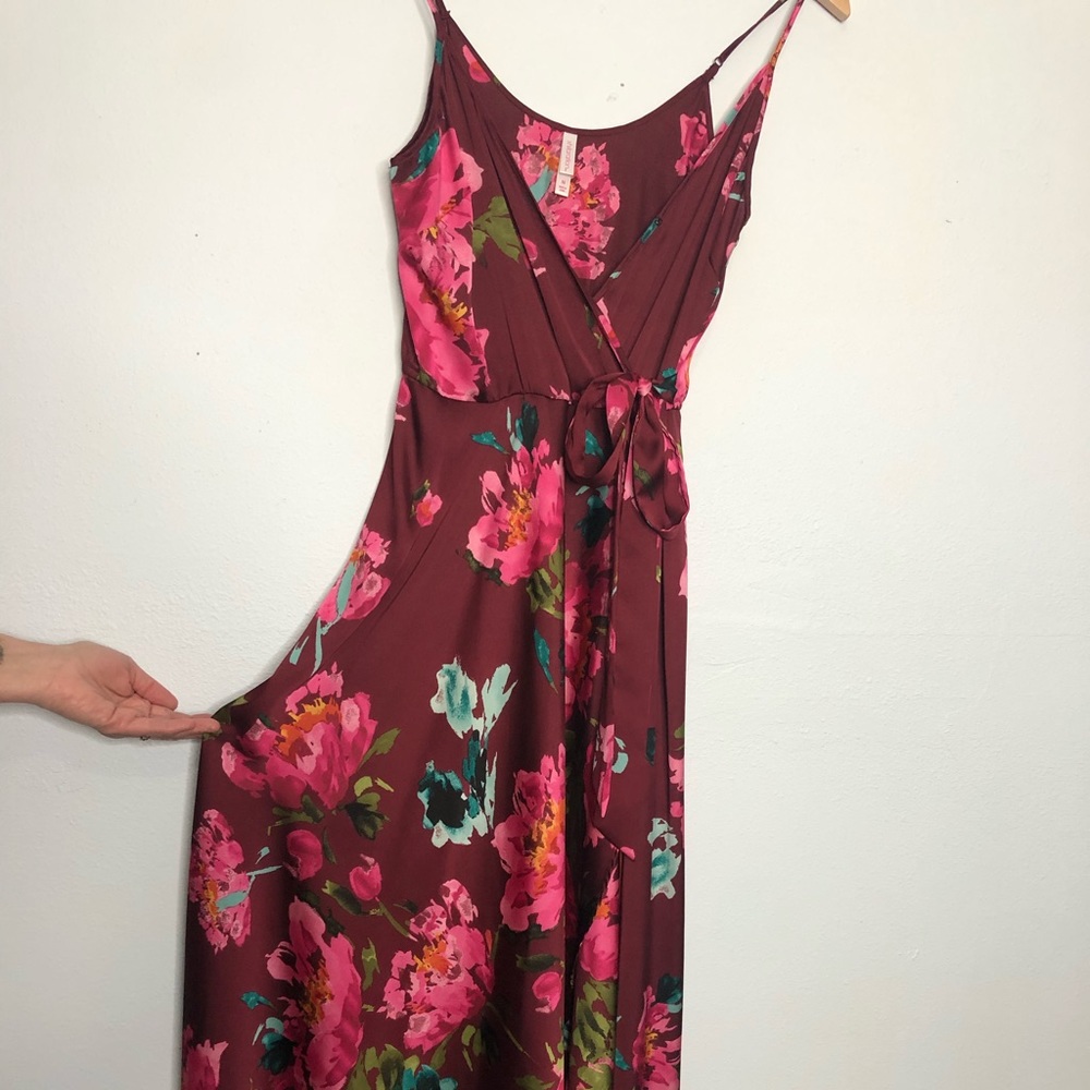 Maxi slit/wrap satin flower dress